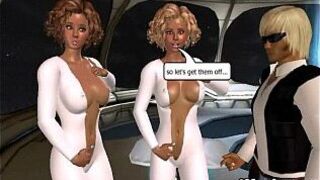 These two sexy 3D big tit blonde babes are sharing a cock porn video